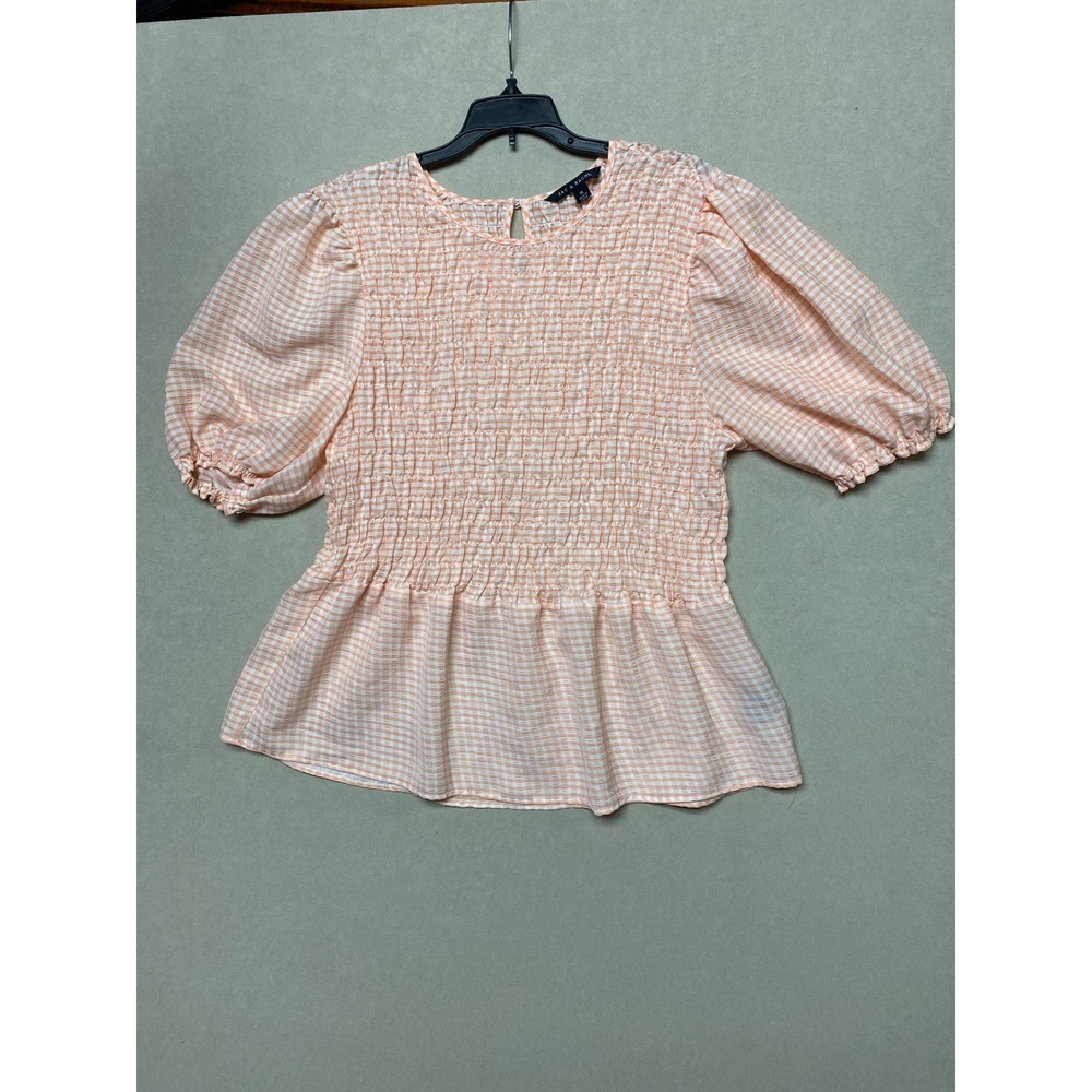 Zac & Rachel Peach Gingham Smocked Peplum Puff Sleeve Blouse Top XL